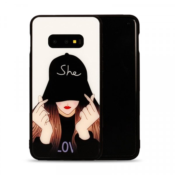 Wholesale Galaxy S10e Design Tempered Glass Hybrid Case (She Girl)